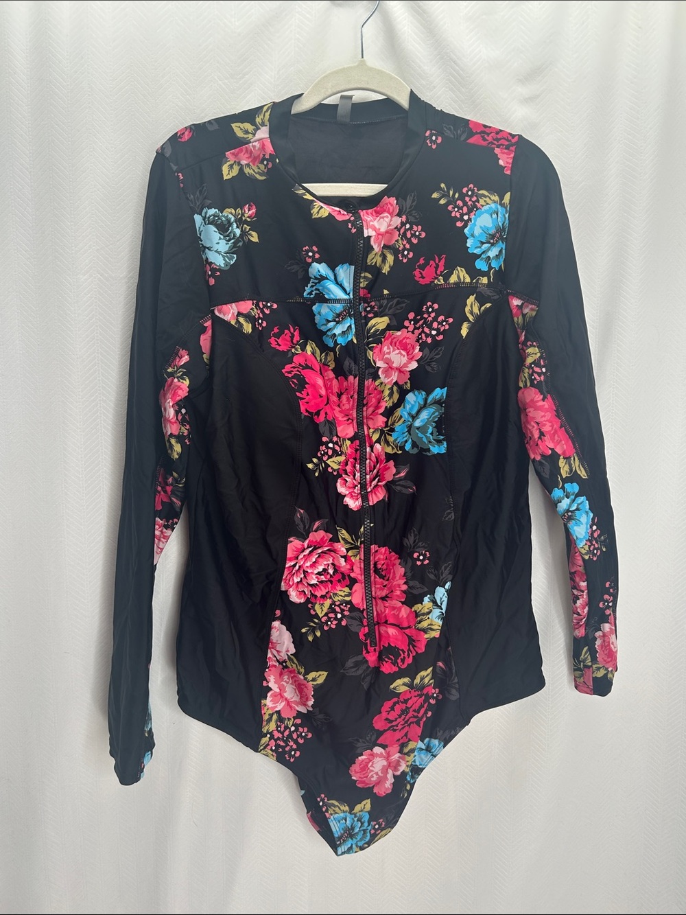torrid Black Floral Long-Sleeve One-Piece Swimsuit with Pink & Blue Flowers
